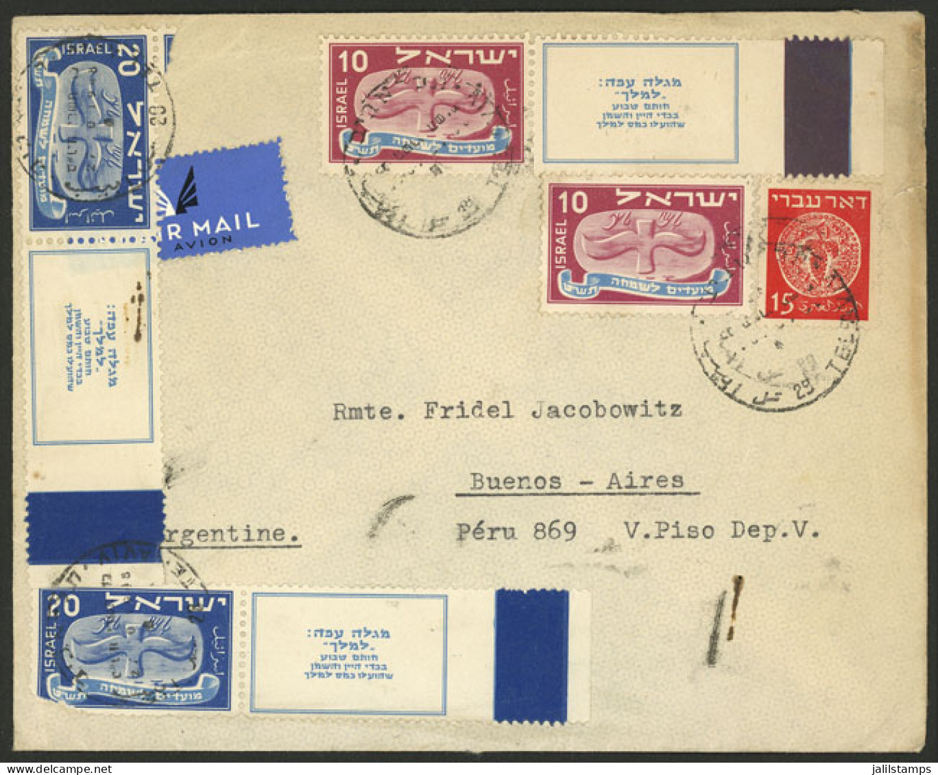 ISRAEL: 27/OC/1948 Tel-Aviv - Argentina, Airmail Cover With Handsome Postage (one Stamp Of 20c. With A Torn Corner), On  - Otros & Sin Clasificación