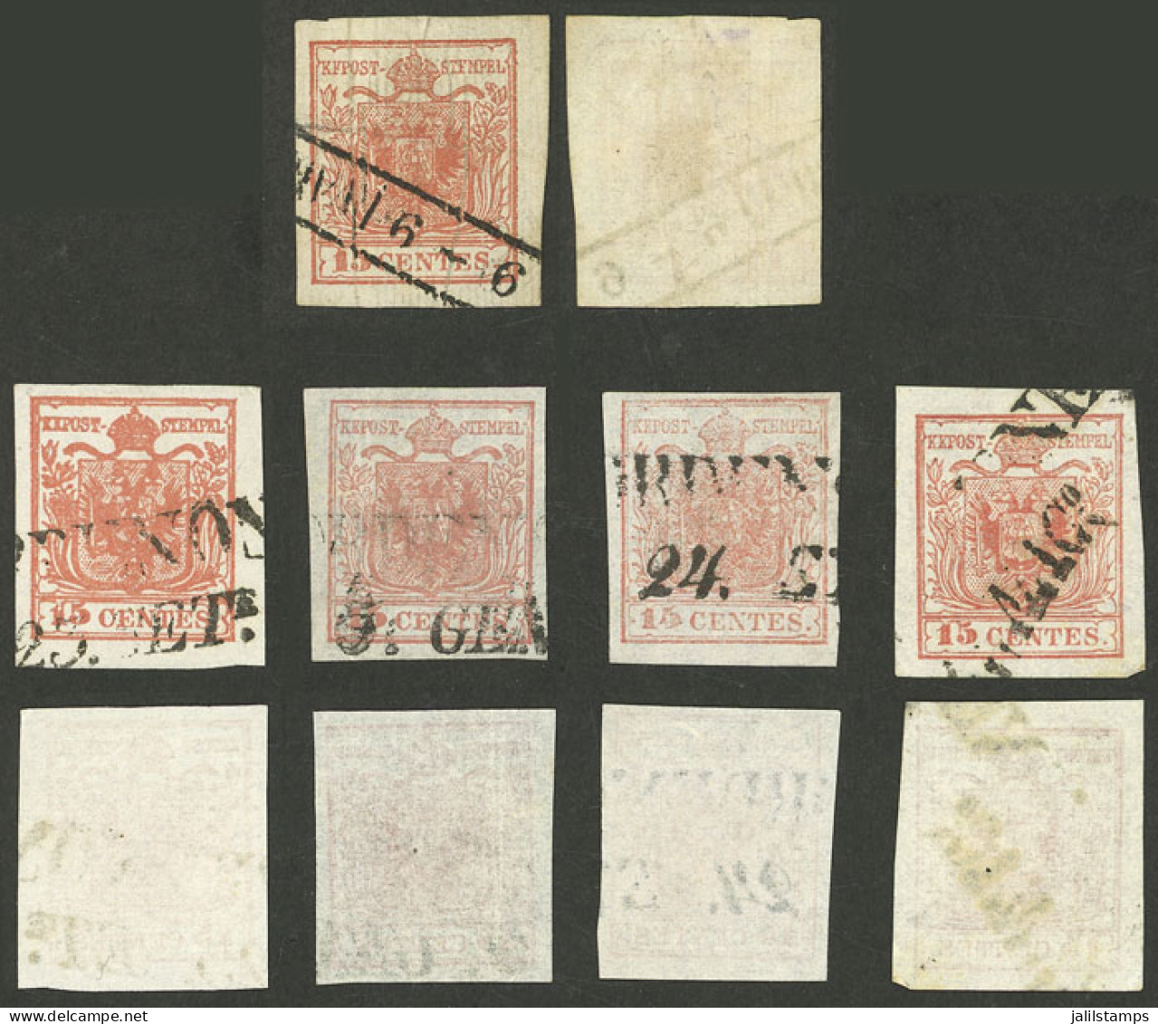 ITALY: Sc.4, 1850 15c. Red, 4 Used Examples Printed On Thin Paper + Another One On VERY LAID PAPER (vertically) And Also - Lombardo-Vénétie