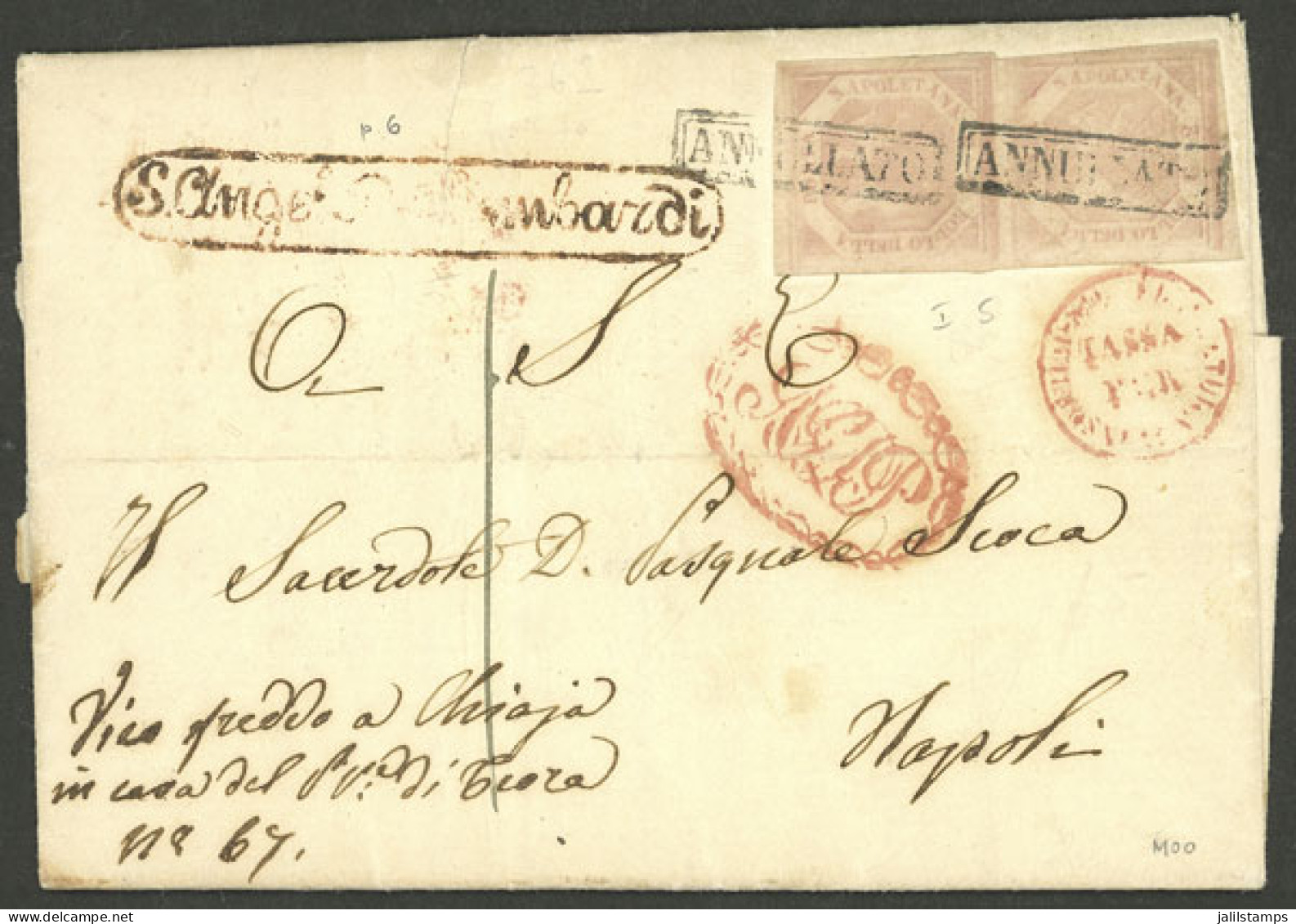 ITALY: Sc.3a, 1858 2G. Rose, Pair Franking An Entire Letter Sent To Napoli On 4/OC/1858, Very Good Cancels, Excellent Qu - Naples