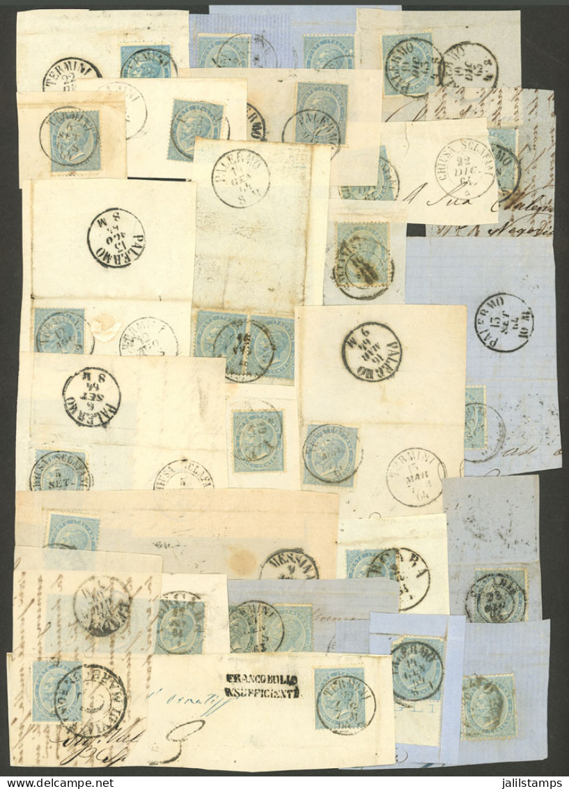 ITALY: Sc.29, 1863 15c. Blue, About 75 Fragments Of Folded Covers With Singles And A Few Multiples, All Used Between 186 - Ohne Zuordnung