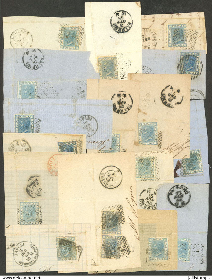 ITALY: Sc.35 + 35a, 1867/77 20c. Light Blue And Blue, About 33 Fragments Of Folded Covers With Singles And A Few Multipl - Unclassified