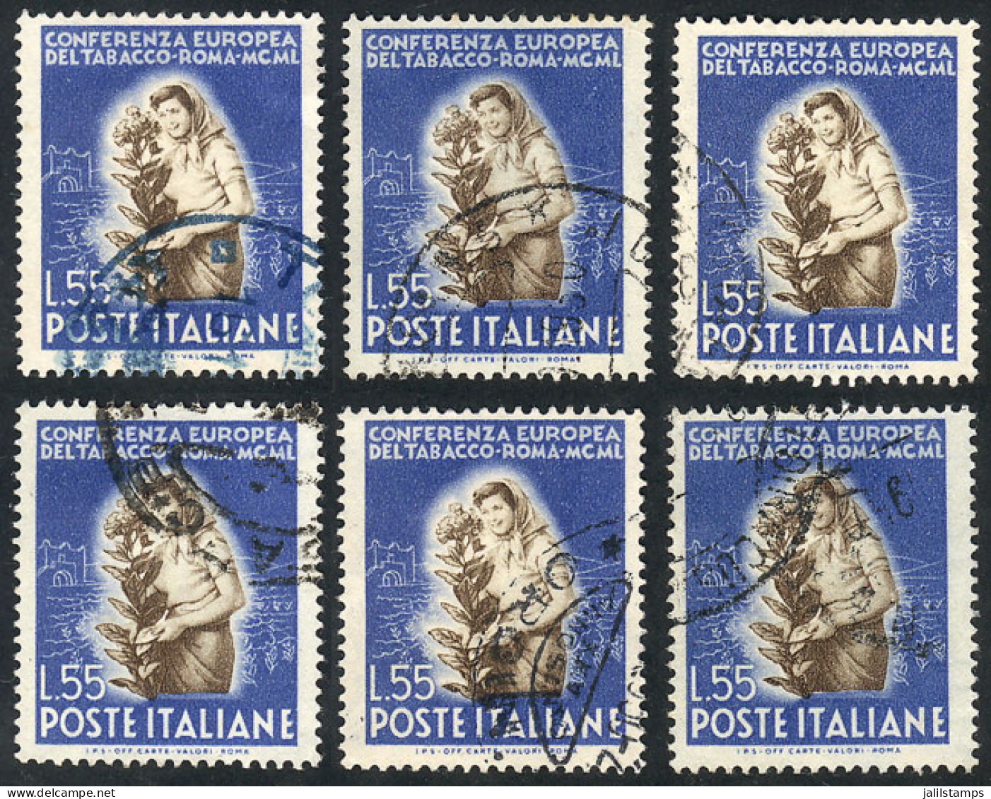 ITALY: Yvert 569, 1950 Tobacco 55L., 6 Used Examples, VF Quality, Catalog Value Euros 240 - Non Classificati