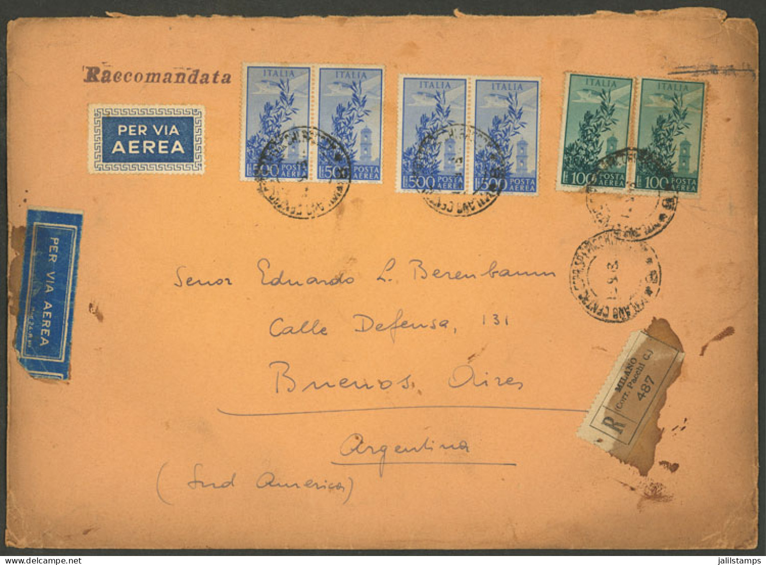 ITALY: 15/SE/1948 Milano - Argentina, Registered Airmail Cover Franked With 2,200 L., Some Small Defects, Very Nice! - Ohne Zuordnung