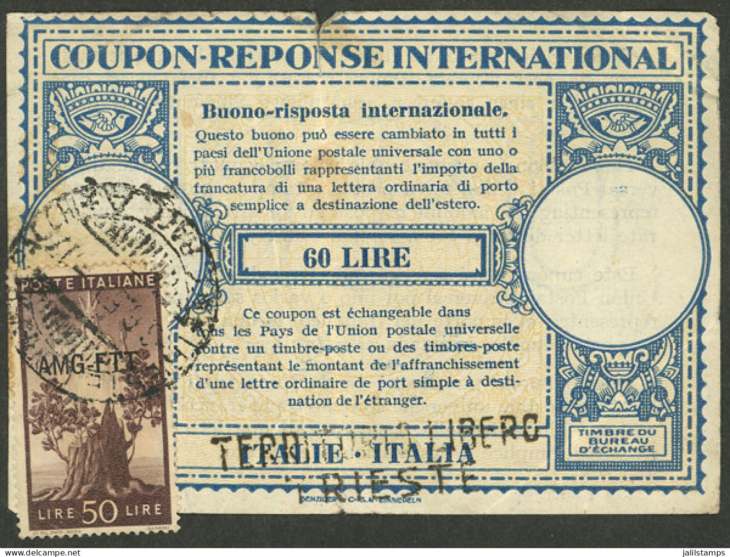 ITALY - TRIESTE: Year 1959, IRC Interesting Reply Coupon Of Italy (original Value 60L.), With A Stamp Of 50L. Overprinte - Unclassified