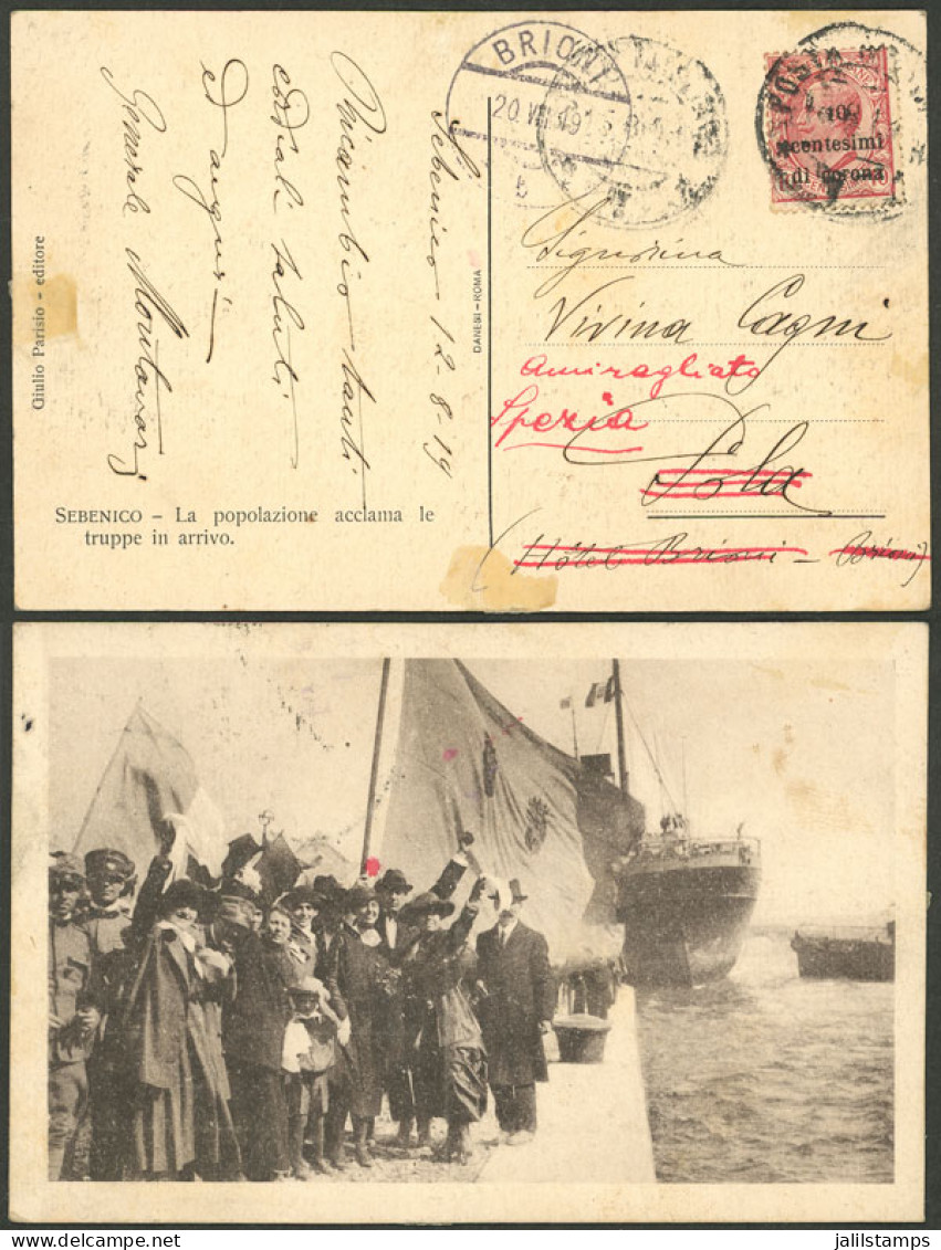 ITALY - VENEZIA GIULIA: Nice Postcard With View Of "Sebenico, Population Cheering The Arrival Of The Troops", Franked Wi - Autres & Non Classés