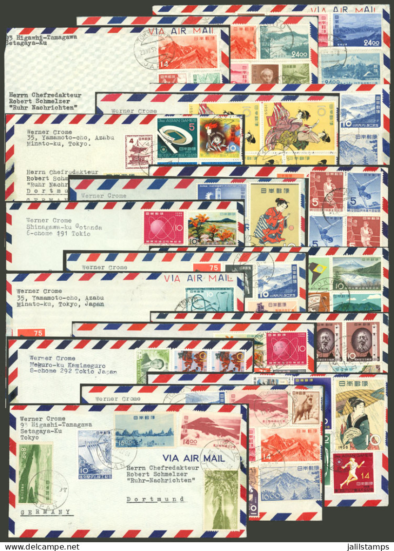 JAPAN: 18 Airmail Covers Sent To Germany Between 1957 And 1962 With Spectacular And Colorful Postages, Very Fine Quality - Other & Unclassified