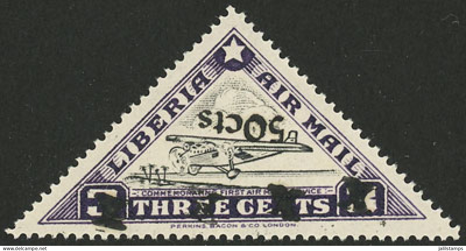 LIBERIA: Yvert 41, 1944/5 50c. On 3c. With INVERTED OVERPRINT, MNH, Very Fine Quality, With Guarantee Mark Of J.H.Stolow - Liberia