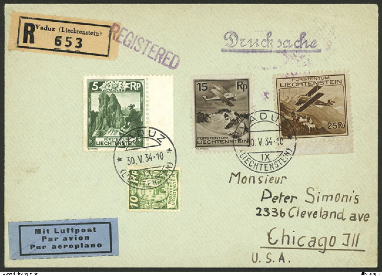 LIECHTENSTEIN: Registered Airmail Cover Sent From Vaduz To USA On 30/MAY/1934, Arrival Backstamp, Very Fine Quality! - Otros & Sin Clasificación