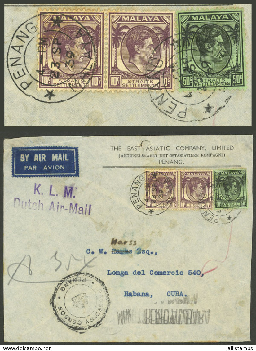 MALAYA - STRAITS SETTLEMENTS: RARE DESTINATION: 23/SE/1939 Penang - Cuba, Airmail Cover Sent By "K.L.M. Dutch Air Mail"  - Straits Settlements