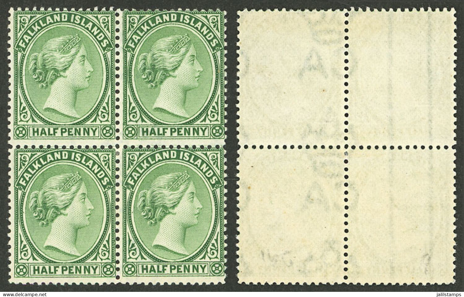 FALKLAND ISLANDS: Sc.10, 1895 Victoria ½p. Yellow-green, Mint Block Of 4, The Left Stamps With DOUBLE VERTICAL LINE Over - Islas Malvinas