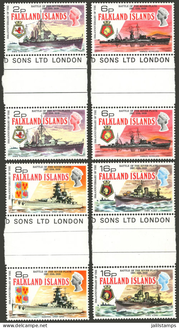 FALKLAND ISLANDS: Sc.237/240, 1974 Battleships, The Set Of 4 Values In GUTTER PAIRS, Excellent Quality, Scarce! - Falklandinseln
