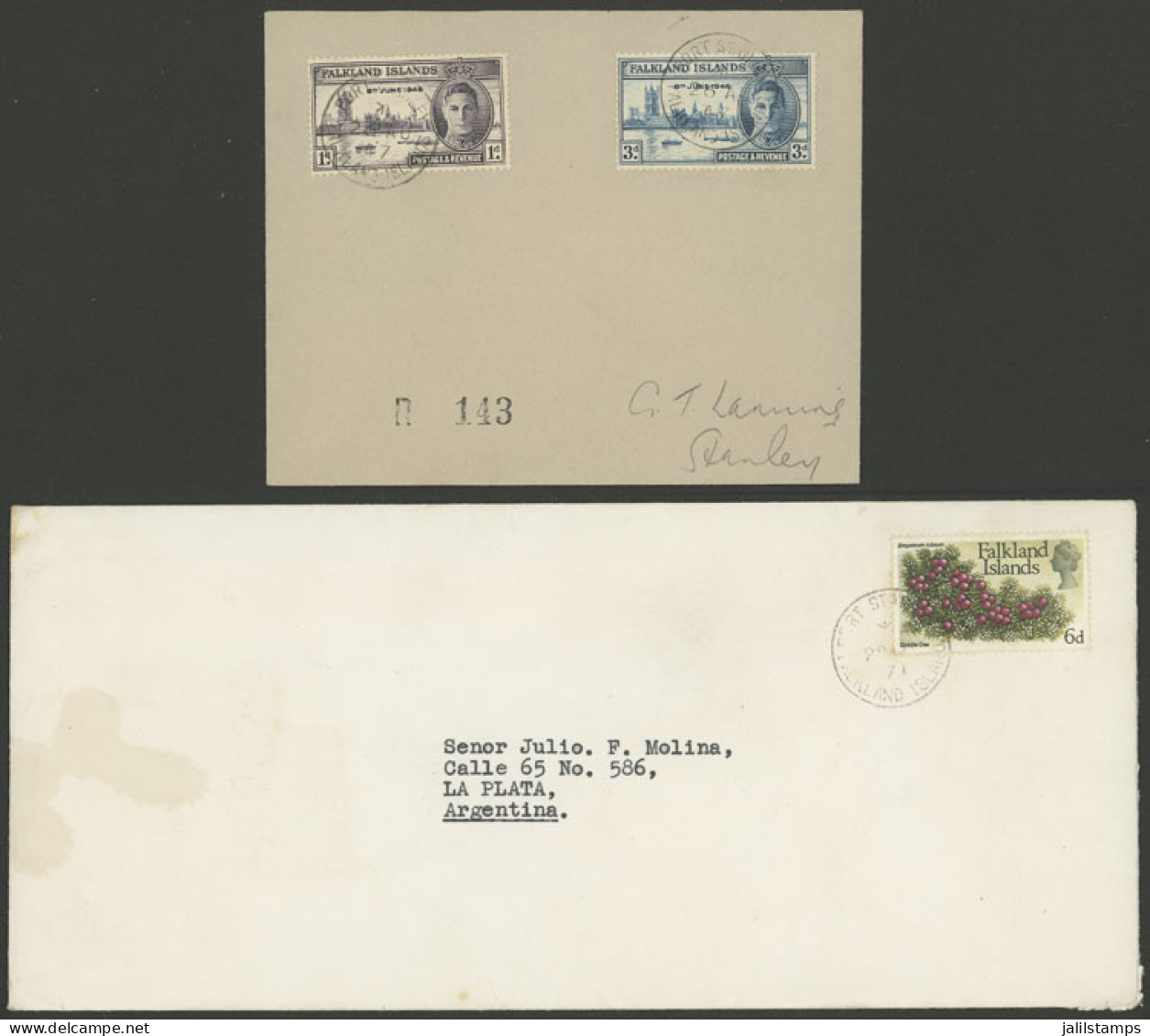 FALKLAND ISLANDS: Cover Sent To Argentina In 1971 Franked With 6p. + Cover Used In Stanley In 1947, VF! - Islas Malvinas