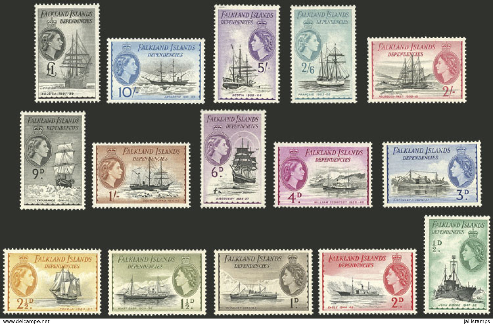 FALKLAND ISLANDS - DEPENDENCIES: Sc.1L19/1L33, 1954  Ships, Cmpl. Set Of 15 Values, Mint Very Lightly Hinged, Very Fine  - Islas Malvinas