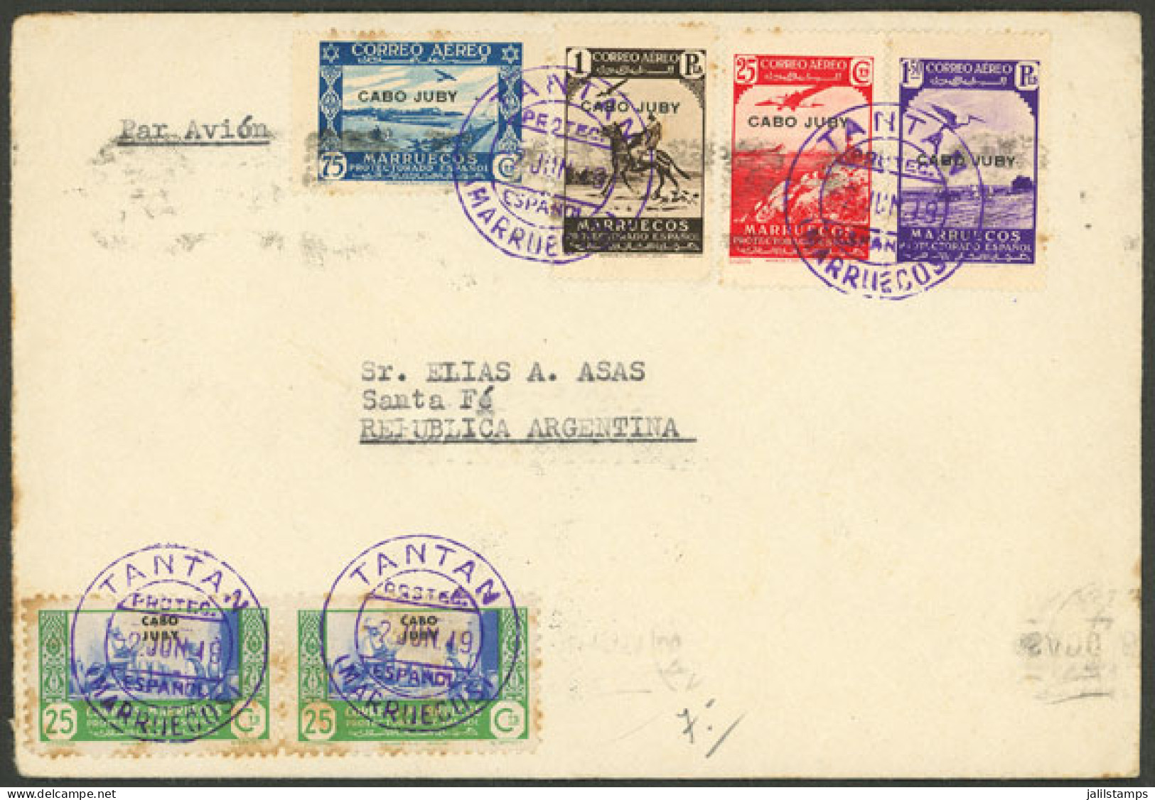 SPANISH MOROCCO: Airmail Cover Franked With Stamps Of CABO JUBY, Sent From TAITÁN To Argentina On 2/JUN/1949, Arrival Ba - Spanish Morocco