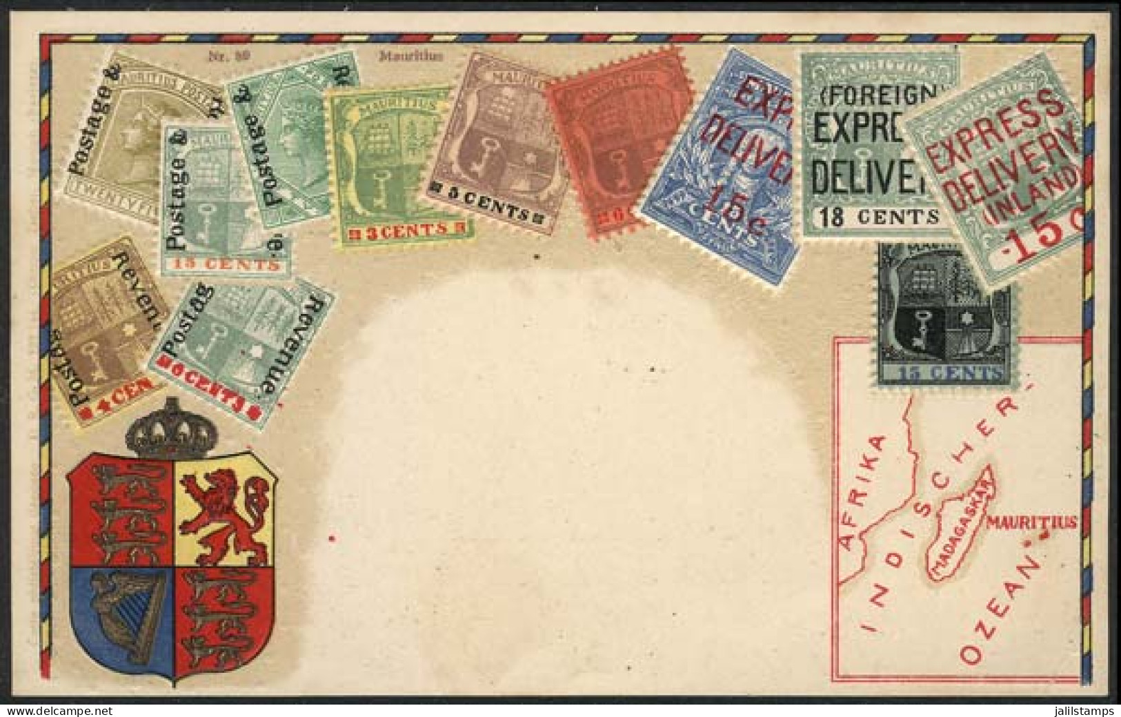 MAURITIUS: Old PC Illustrated With View Of Postage Stamps, Map And Coat Of Arms, VF Quality! - Mauricio