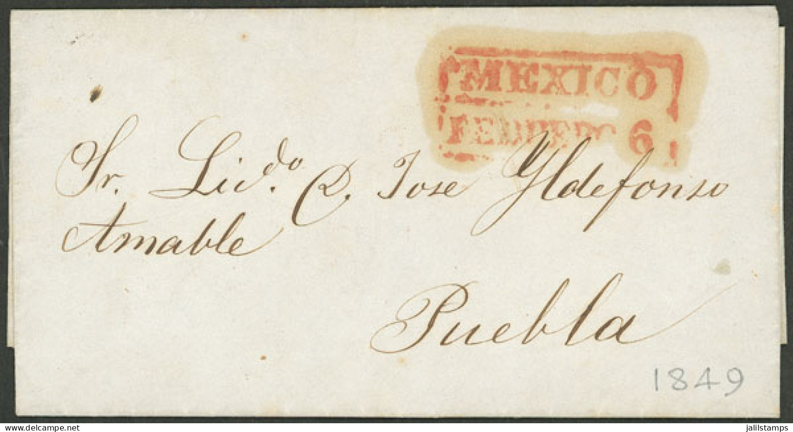 MEXICO: 6/FE/1849 Mexico - Puebla, Entire Letter With Nice Red Marking, Very Fine Quality! - Mexiko