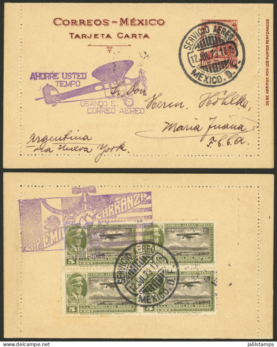 MEXICO: 12/JUL/1929 Mexico - María Juana (Argentina), Airmail Card "via New York", With Special Violet Marks On Front An - Mexico