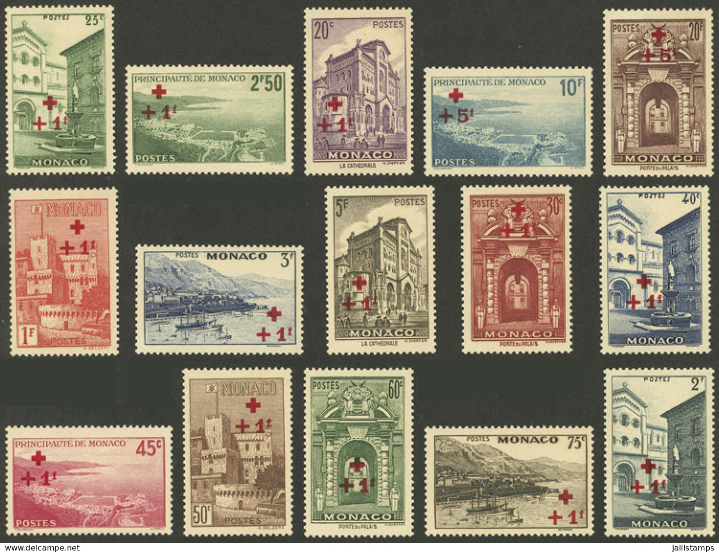MONACO: Yvert 200/214, 1940 Red Cross, Cmpl. Set Of 15 Overprinted Values, MNH, Very Fine Quality! - Other & Unclassified