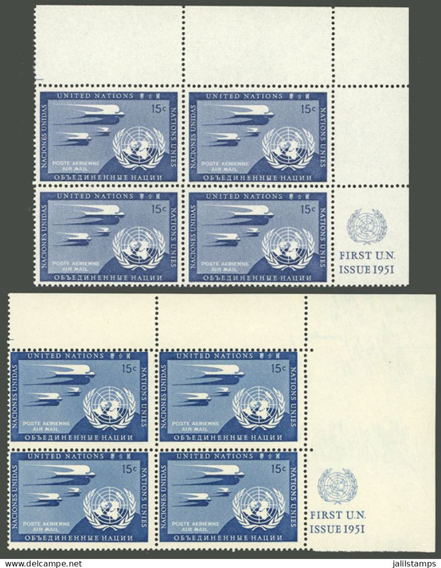 UNITED NATIONS: Yvert 3 + 3a, 1951/7 15c. In Dark Blue And PRUSSIAN BLUE, Corner Blocks Of 4, MNH, Excellent Quality! - Other & Unclassified