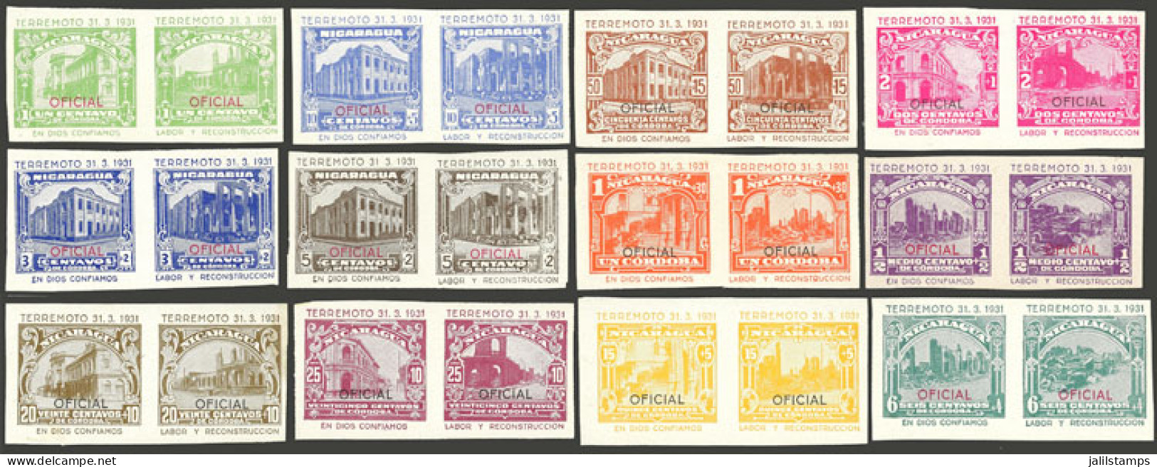 NICARAGUA: Set Of 12 Imperforate Pairs With Views Of Buildings Before And After The 1931 Earthquake, Overprinted OFICIAL - Nicaragua