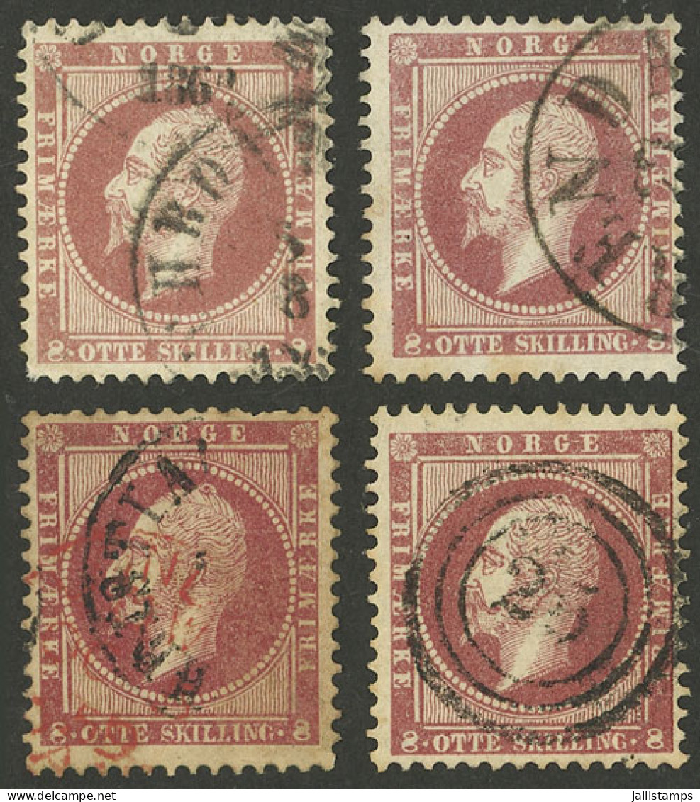 NORWAY: Sc.5, 1856/7 8s., 4 Used Examples With Different Cancels, VF Quality! - Sonstige & Ohne Zuordnung