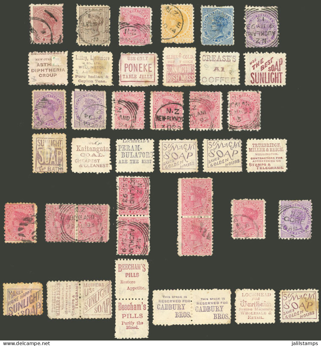 NEW ZEALAND: 1893 STAMPS WITH PRINTED ADVERTISING On Back, 15 Singles + 3 Pairs With Attractive Ads Printed On Back, Gre - Other & Unclassified