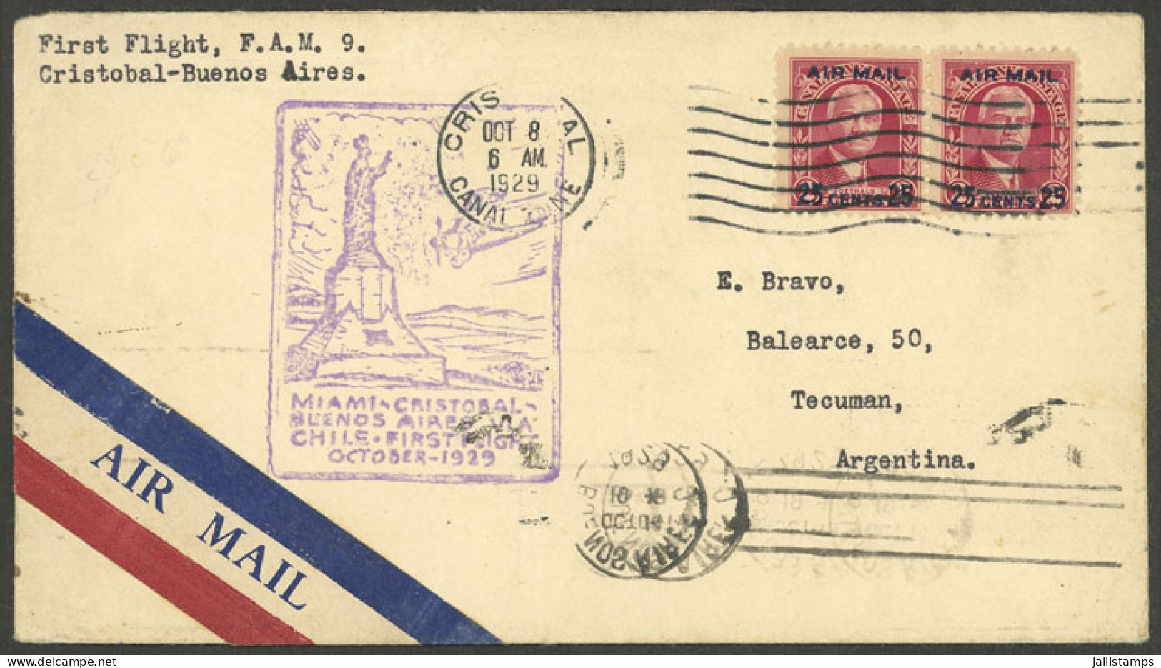 PANAMA - CANAL: 8/OC/1929 Cristobal - Argentina, First Flight To Buenos Aires, Very Nice Cover With Arrival Backstamp, V - Panama