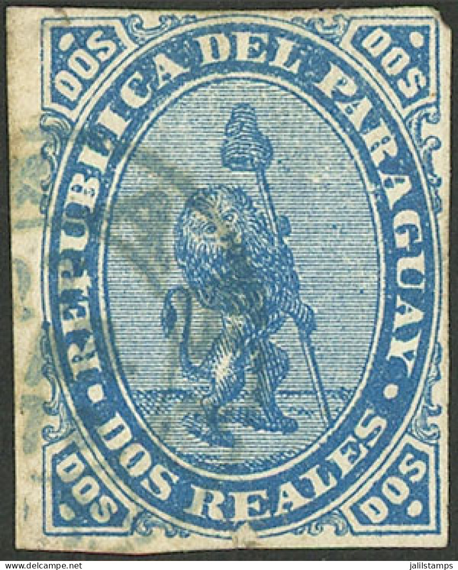 PARAGUAY: Sc.2, 1870 Lion 2R. Blue, With Datestamp Of Asunción, VF, Rare! - Paraguay