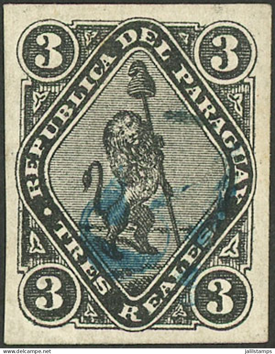 PARAGUAY: Sc.9, 1878 5c. On 3R. Black, Horizontal Blue Overprint (small Figure), Used, Excellent Quality, Rare! - Paraguay