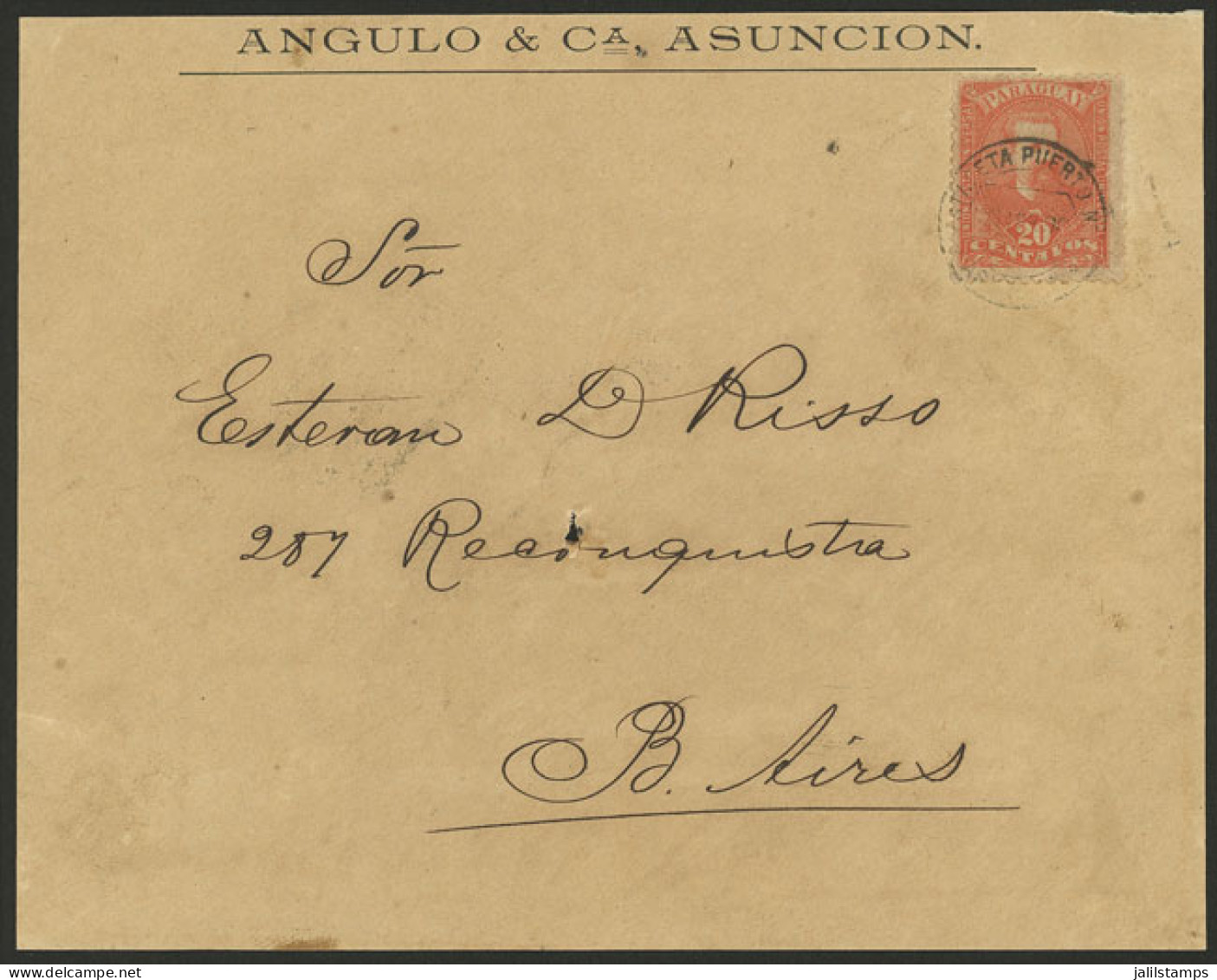 PARAGUAY: Front Of Cover Sent From Asunción To Argentina In OCT/1896 Franked With 20c. (Sc.40), Very Nice! - Paraguay