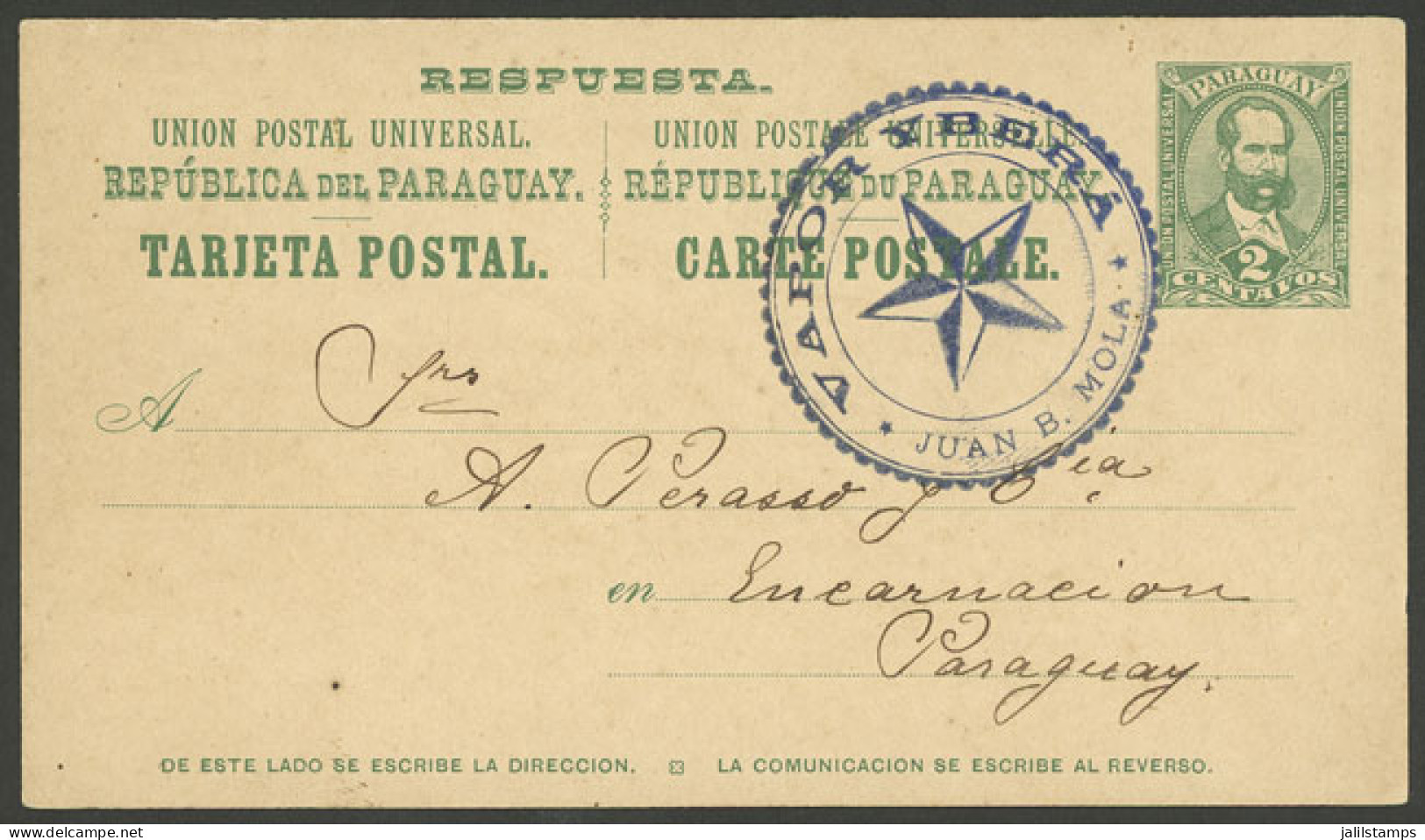 PARAGUAY: 25/DE/1907 YAGUARAZAPIÁ - Encarnación, 2c. Postal Card With Extremely Rare River Mail Marking: "VAPOR YBERÁ -  - Paraguay