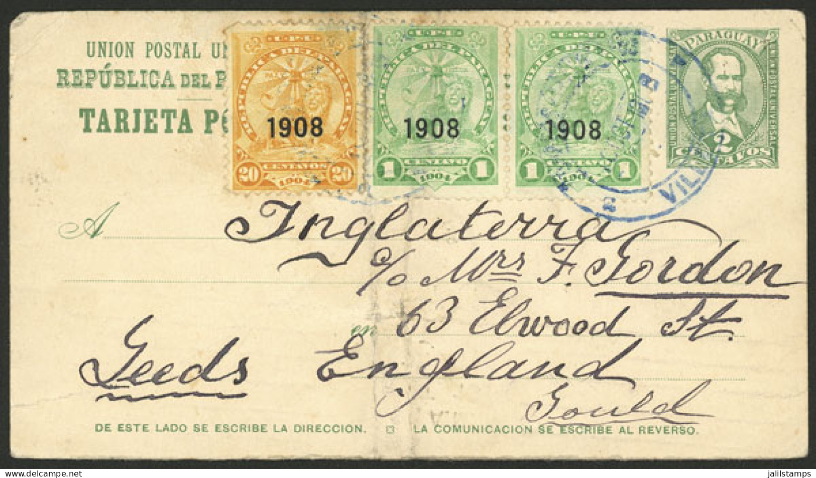 PARAGUAY: 10/OC/1908 VILLETA - England, 2c. Postal Card + Additional 22c., On Back There Are 2 Transit Marks Of Buenos A - Paraguay