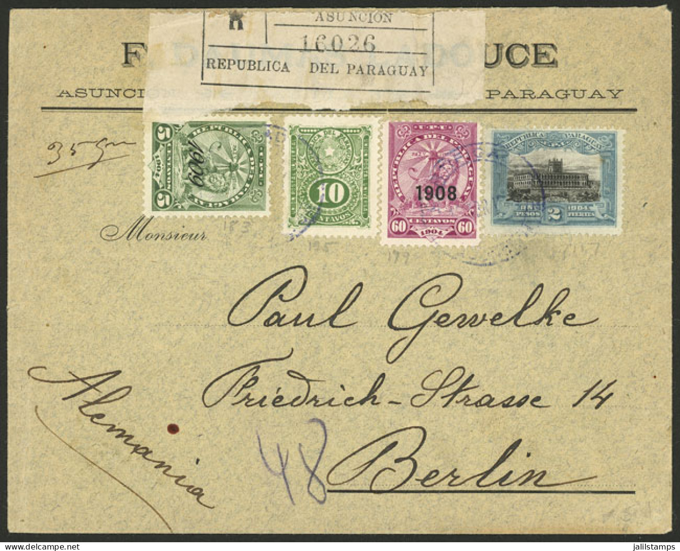 PARAGUAY: 12/AP/1910 Asunción - Germany, Registered Cover Franked With 2.75P., Berlin Arrival Backstamp, VF Quality! - Paraguay