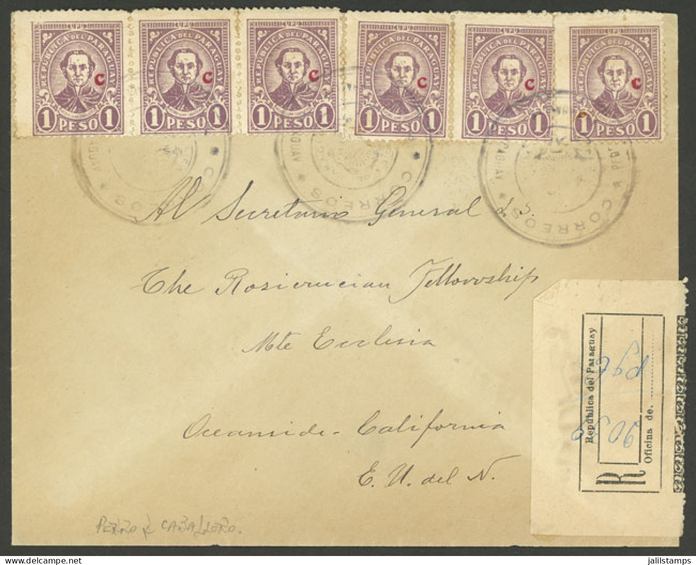 PARAGUAY: 10/SE/1936 PEDRO JUAN CABALLERO - USA, Registered Cover Franked With 6P., Excellent Quality, Rare Postmark! - Paraguay