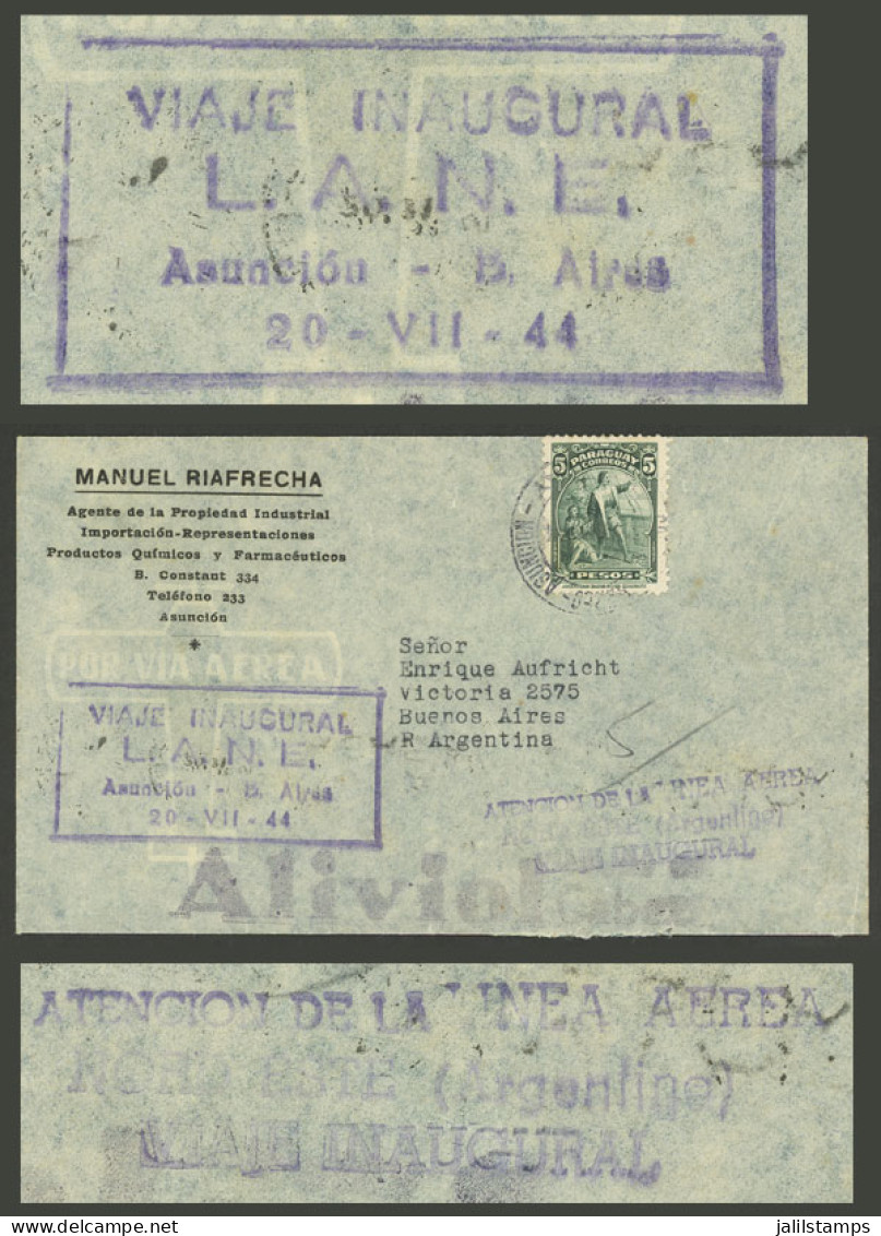 PARAGUAY: 20/JUL/1944 Asunción - Buenos Aires, FIRST FLIGHT Of Línea Aérea Nord Este Airline, Cover Flown On The Airplan - Paraguay