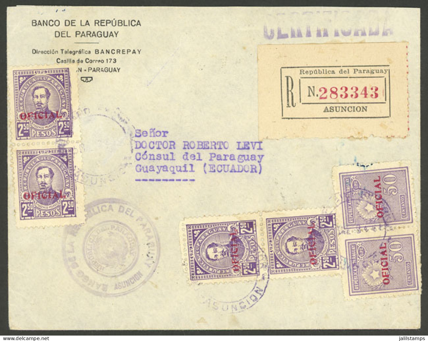 PARAGUAY: Official Cover Sent From Asunción To Ecuador By Registered Mail On 9/JA/1946 Franked With Official Stamps For  - Paraguay
