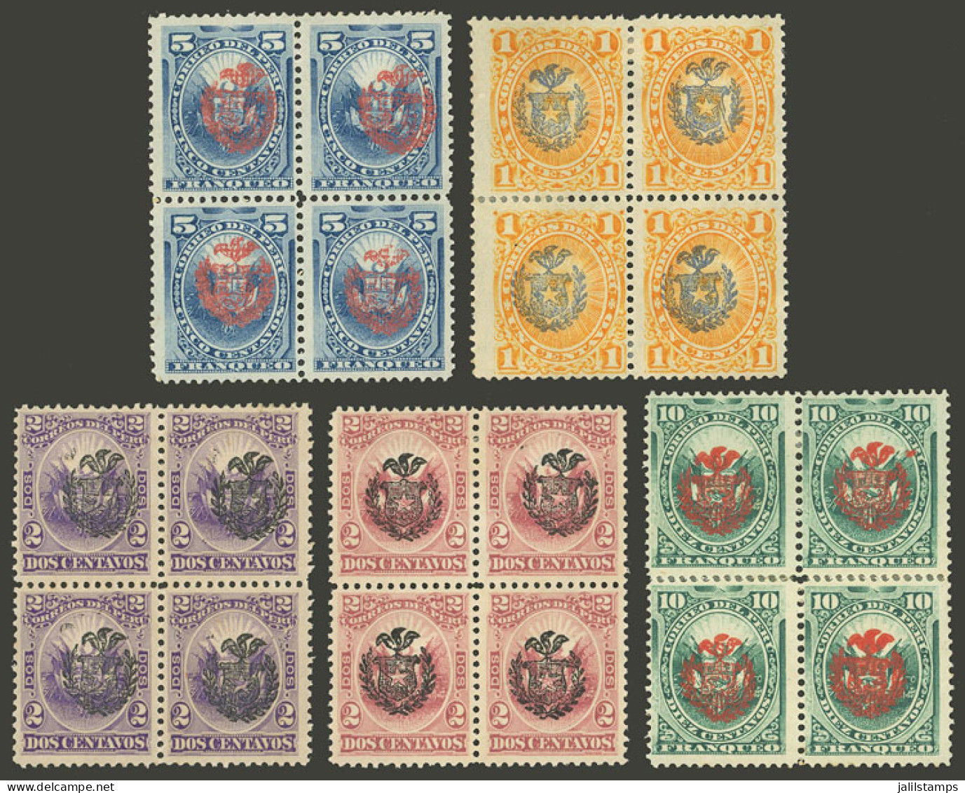 PERU: Yvert 42/46 (Sc.N11/N16), Chilean Occupation, Blocks Of 4 Up To 10c., Mint With Original Gum (the 2c. Carmine With - Pérou