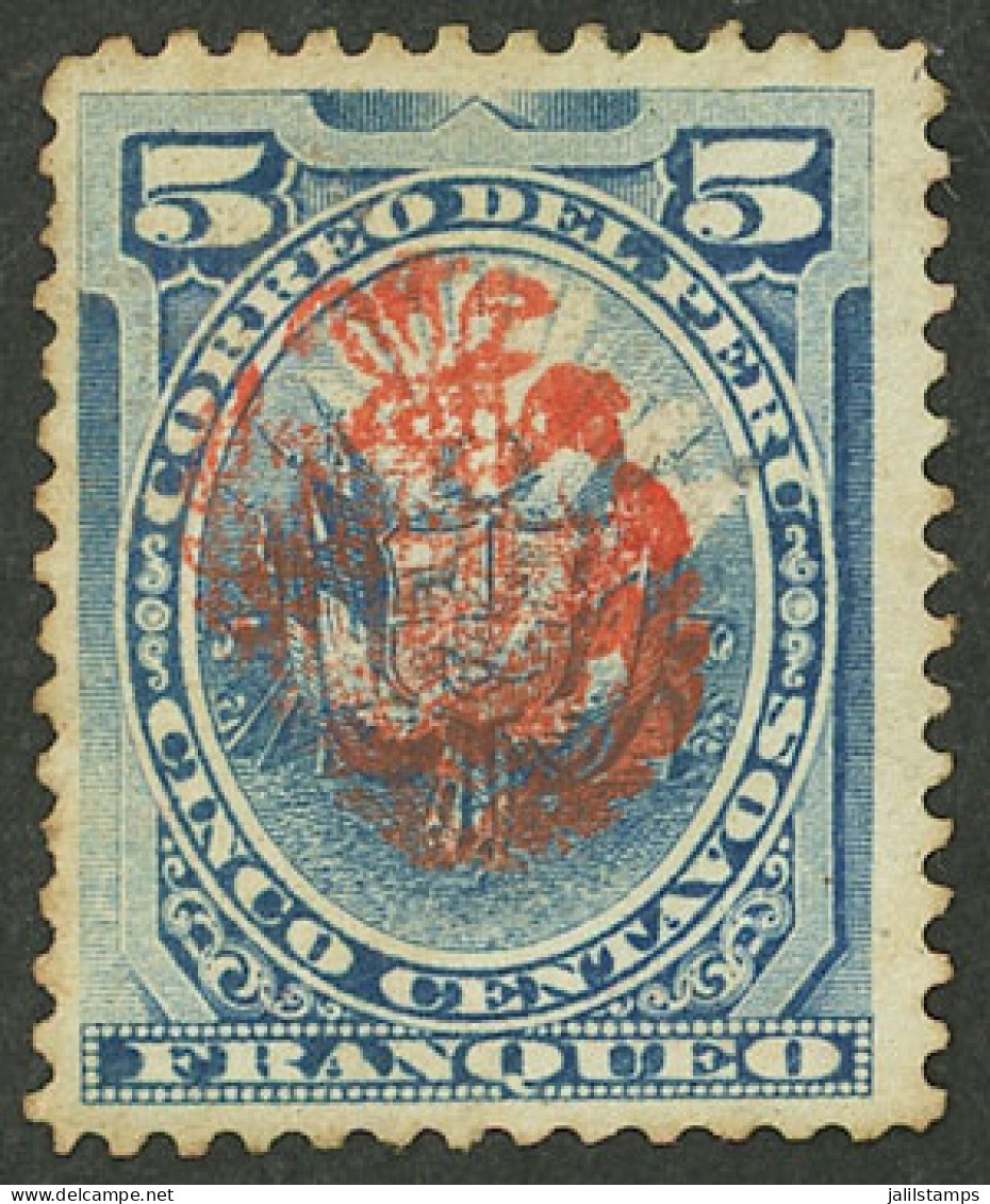 PERU: Yvert 45, Chilean Occupation, 1882 5c. Blue With DOUBLE Overprint, Mint Without Gum, With Guarantee Mark On Back O - Perù