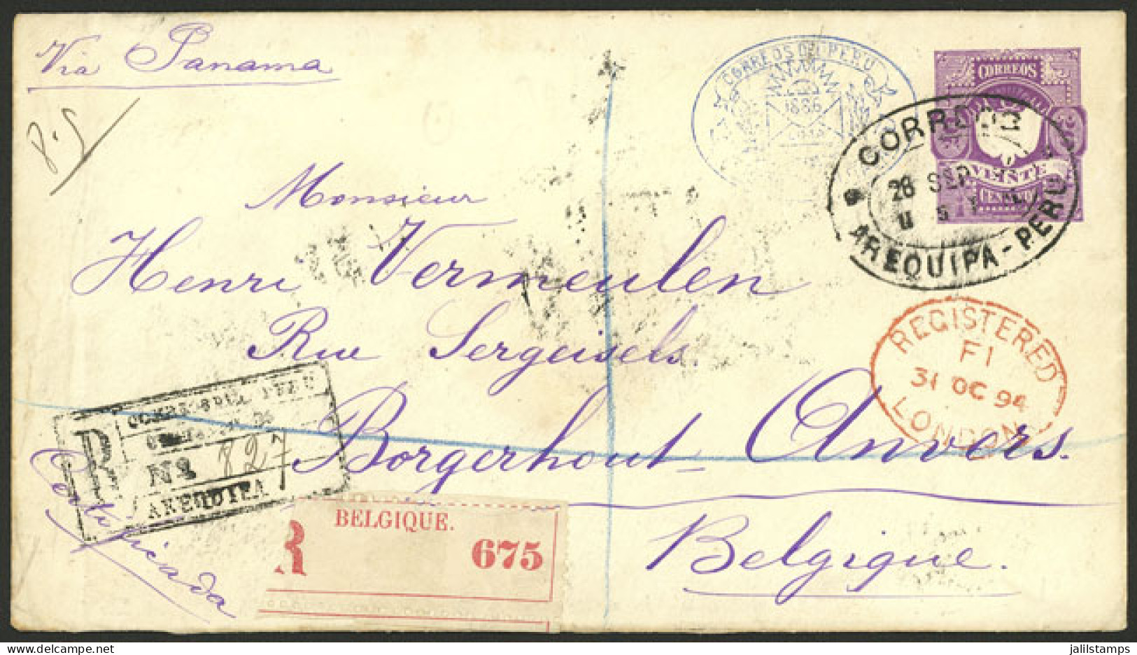 PERU: 20c. Stationery Envelope + Additional 1c. On Back, Sent By Registered Mail From Arequipa To Belgium On 28/SE/1894, - Peru