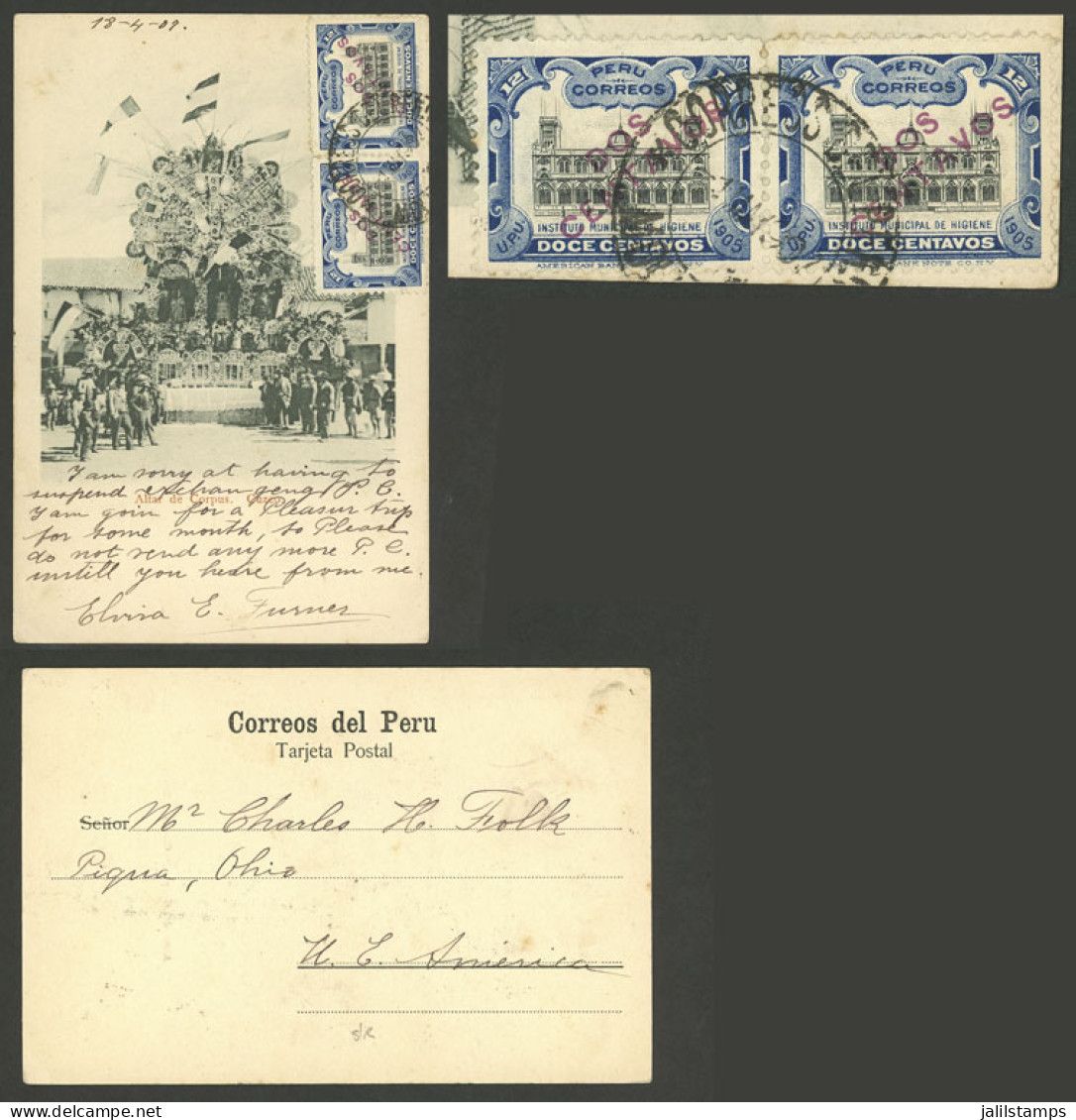 PERU: 1/MAY/1907 Mollendo - USA, Very Nice PC With View Of Corpus Festival - Cuzco, Mailed With The Corresponding 4c. Po - Pérou