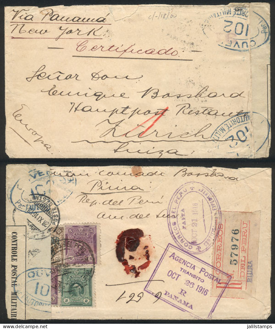 PERU: Registered Cover Sent From Piura To Switzerland In OC/1916 Franked With 22c. (including A Postage Due Stamp Of 10c - Peru