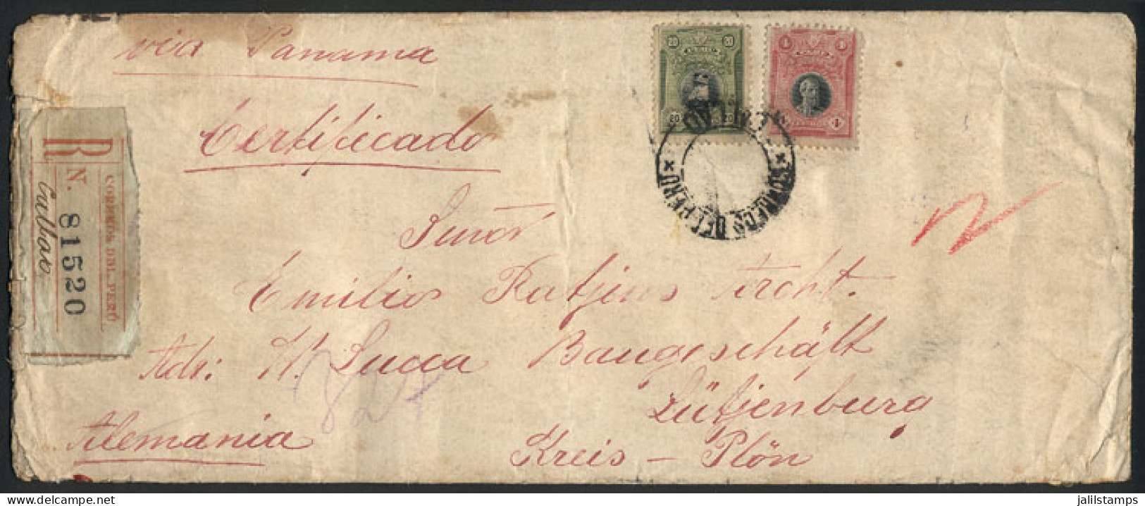 PERU: Registered Cover Sent From CALLAO To Germany In JUL/1920 Franked With 24c., With Panamá Transit And Arrival Backst - Peru