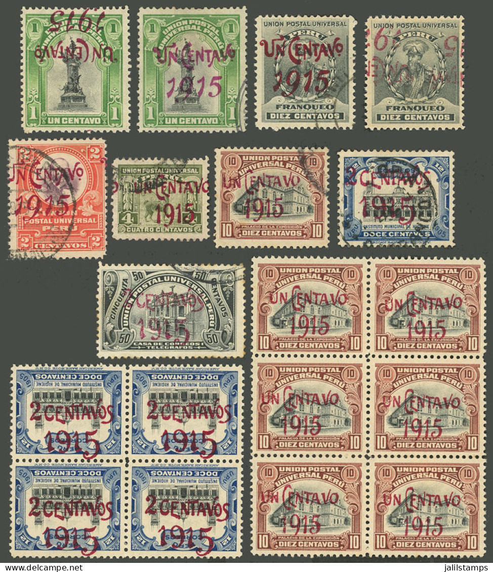 PERU: OVERPRINTED STAMPS OF 1915: Interesting Lot Of Used Or Mint Stamps (several Without Gum), Almost All With Overprin - Peru