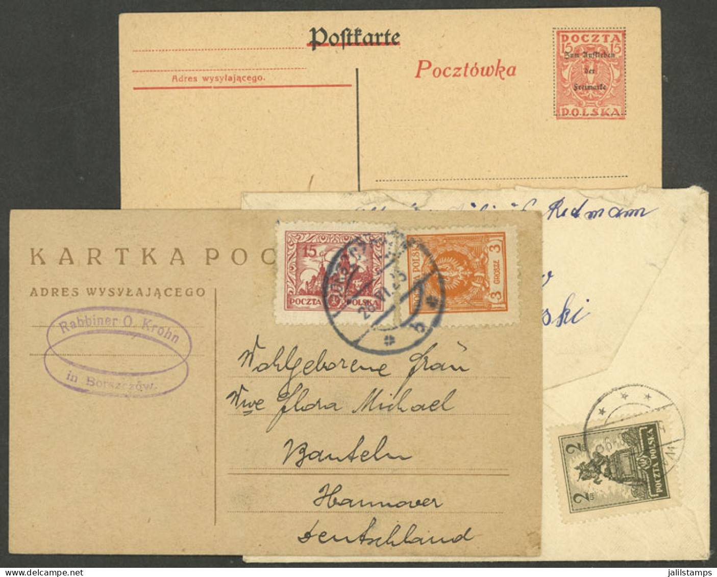 POLAND: Card Used In 1925 + Cover Posted In 1928 + Unused Postal Card With Interesting Overprint, VF Quality.  IMPORTANT - Sonstige & Ohne Zuordnung