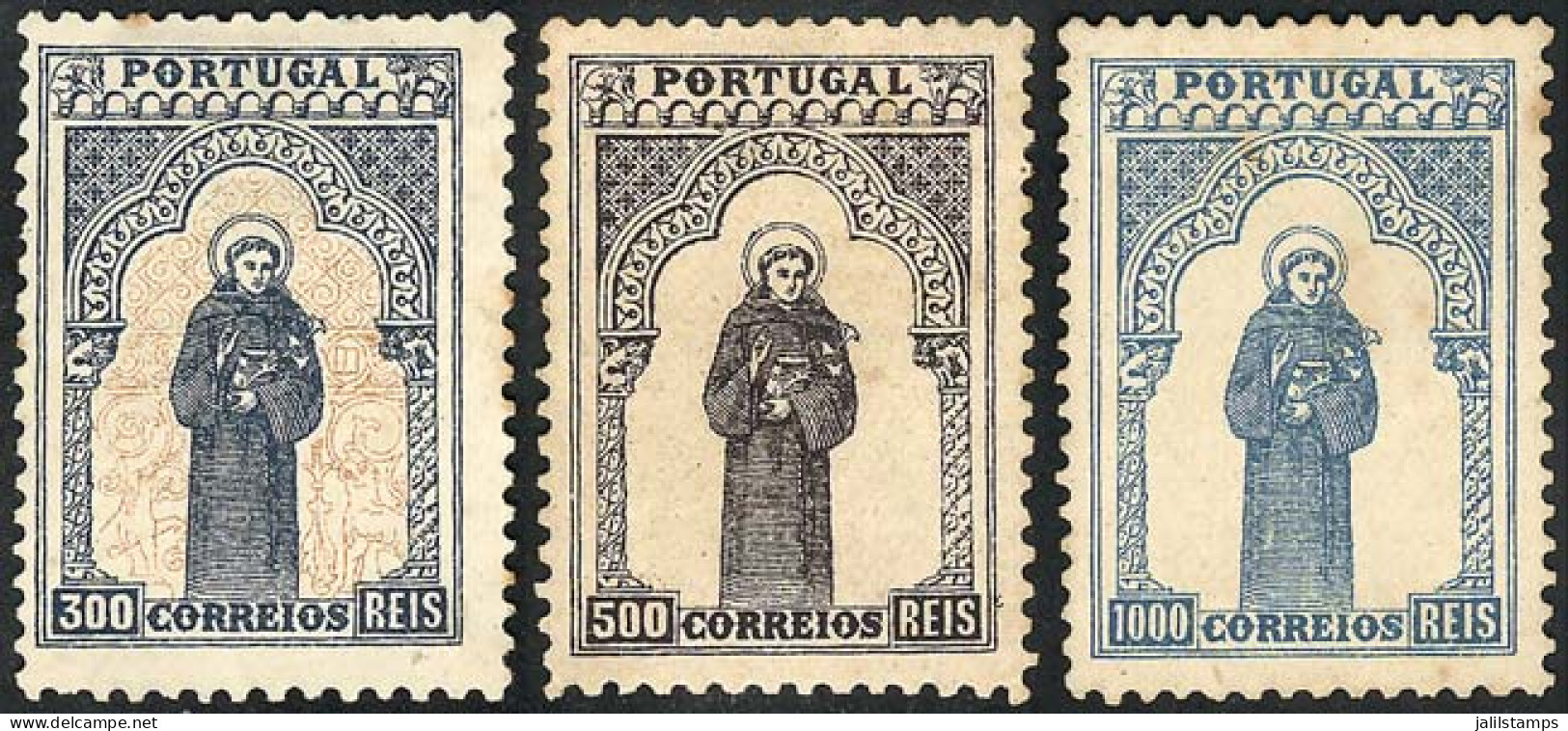 PORTUGAL: Sc.144/146, 1895 Santo António De Pádua 700 Years, The 3 High Values Of The Set, Mint No Gum, With Small Stain - Sonstige & Ohne Zuordnung