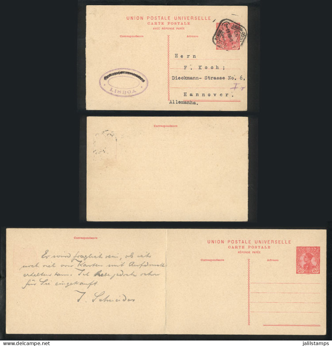 PORTUGAL: Postal Card With Paid Reply (the Latter Unused) Sent To Germany On 2/FE/1910, VF Quality! - Otros & Sin Clasificación