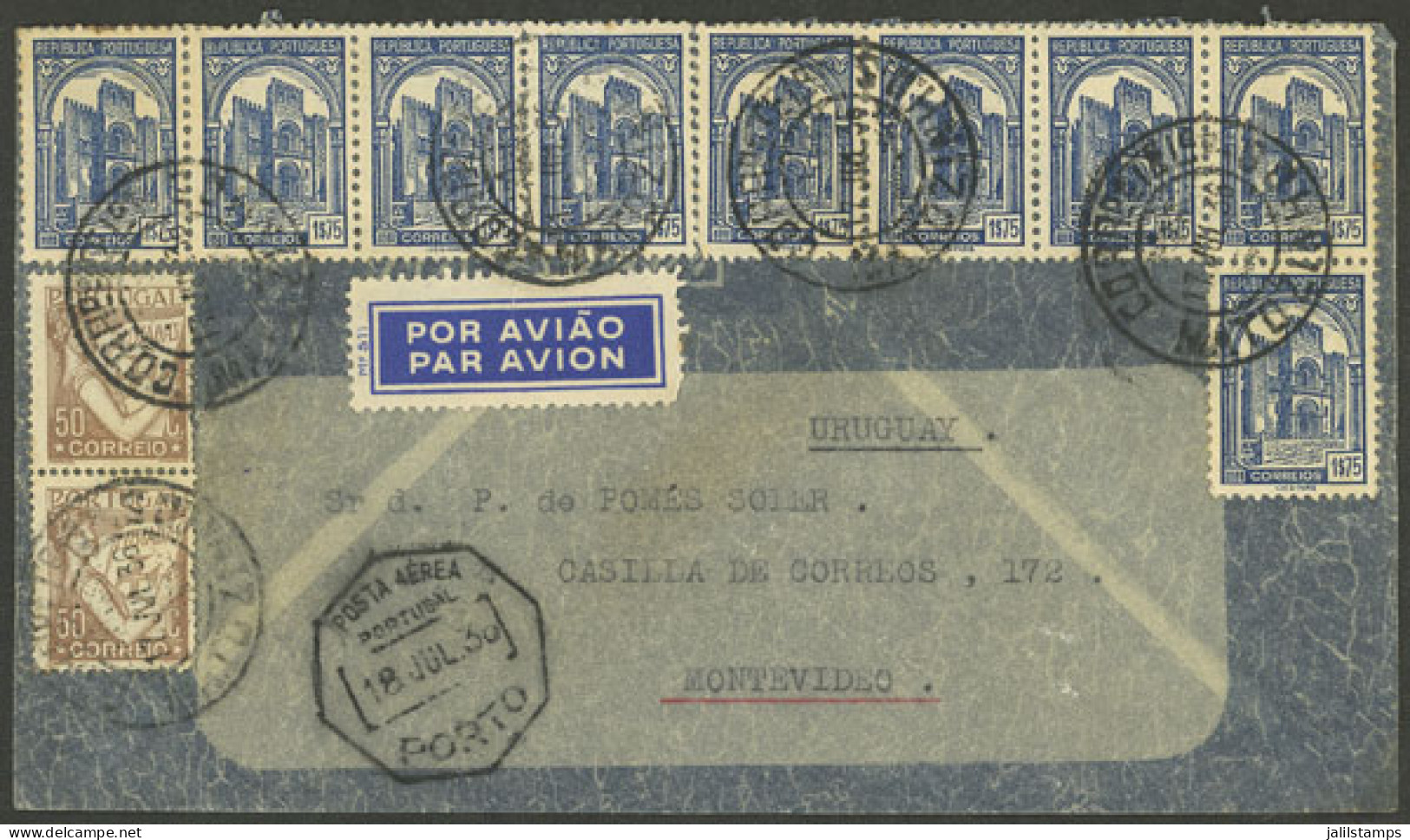 PORTUGAL: 17/JUL/1936 Matozinhos - Uruguay, Airmail Cover With Splendid Postage Of 16.75E., With Transit Marks Of Porto  - Other & Unclassified