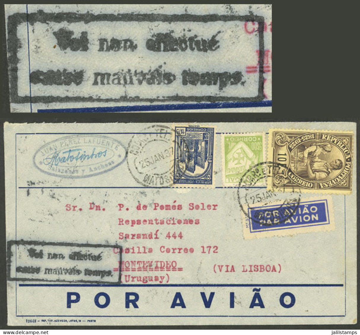 PORTUGAL: CANCELLED FLIGHT DUE TO BAD WEATHER: Airmail Cover Sent From Matosinhos To Uruguay On 25/JA/1937 Franked With  - Autres & Non Classés