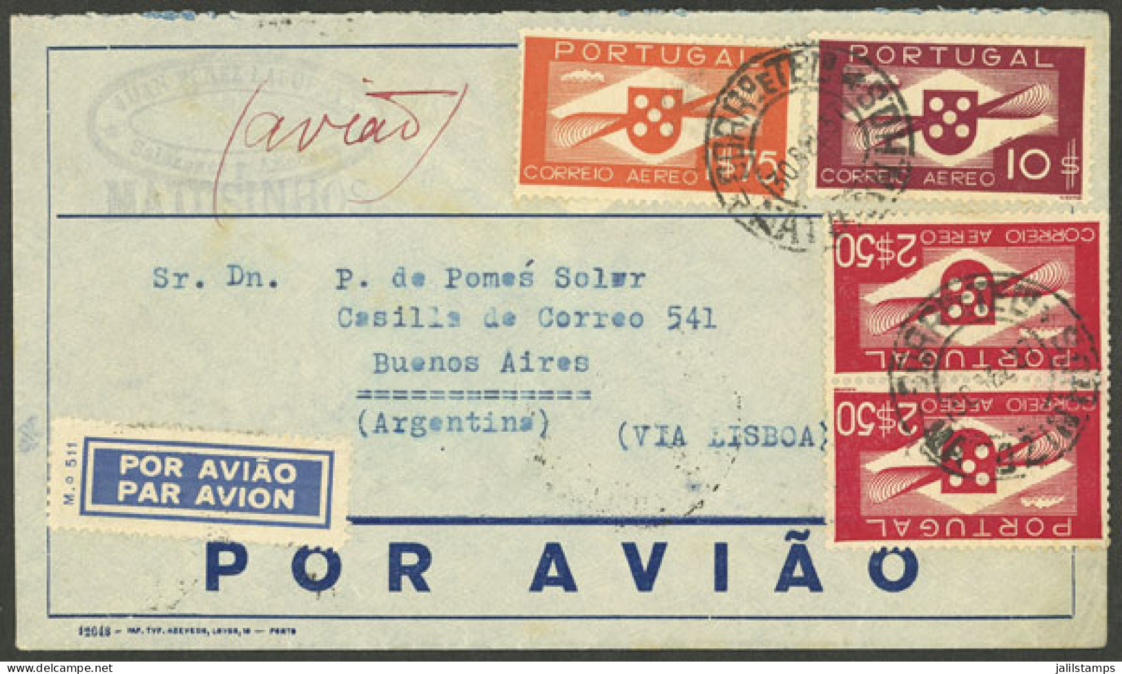 PORTUGAL: 30/DE/1937 Matozinhos - Argentina, Airmail Cover Franked With 16.75E., On Back There Are Transit Marks And B.A - Other & Unclassified