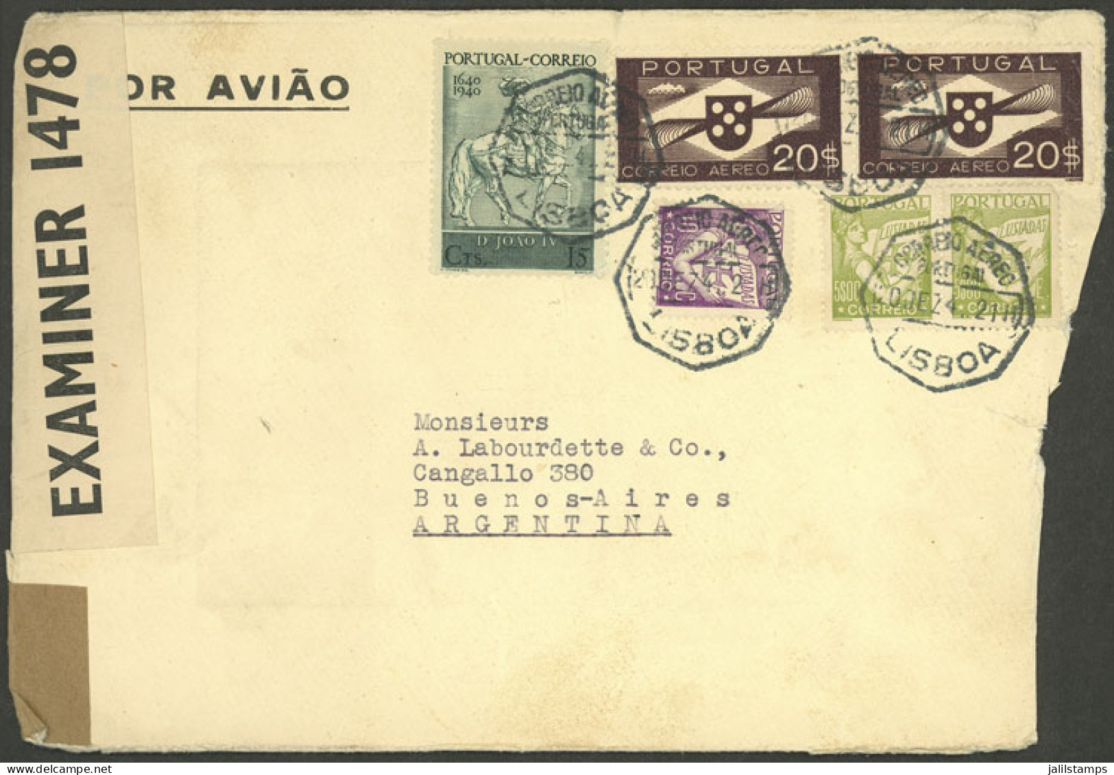 PORTUGAL: 20/DE/1940 Lisboa - Argentina, Airmail Cover With Notable Franking Of 50.25E., Opening Defect On The Right Sid - Otros & Sin Clasificación